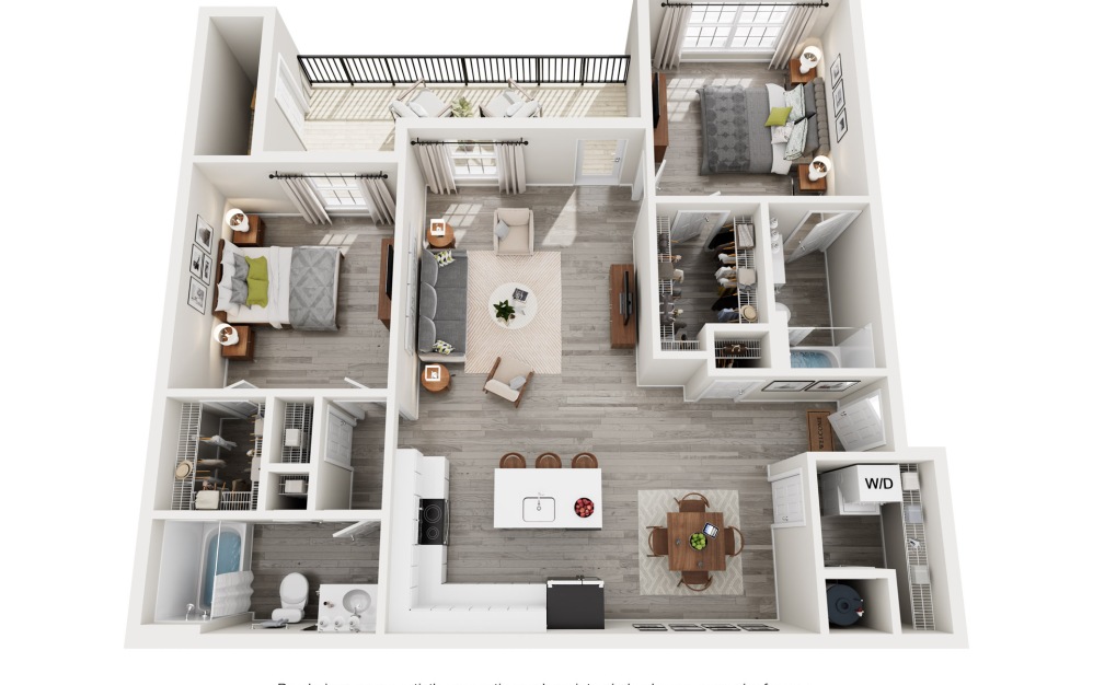B2 - 2 bedroom floorplan layout with 2 bathrooms and 1215 square feet